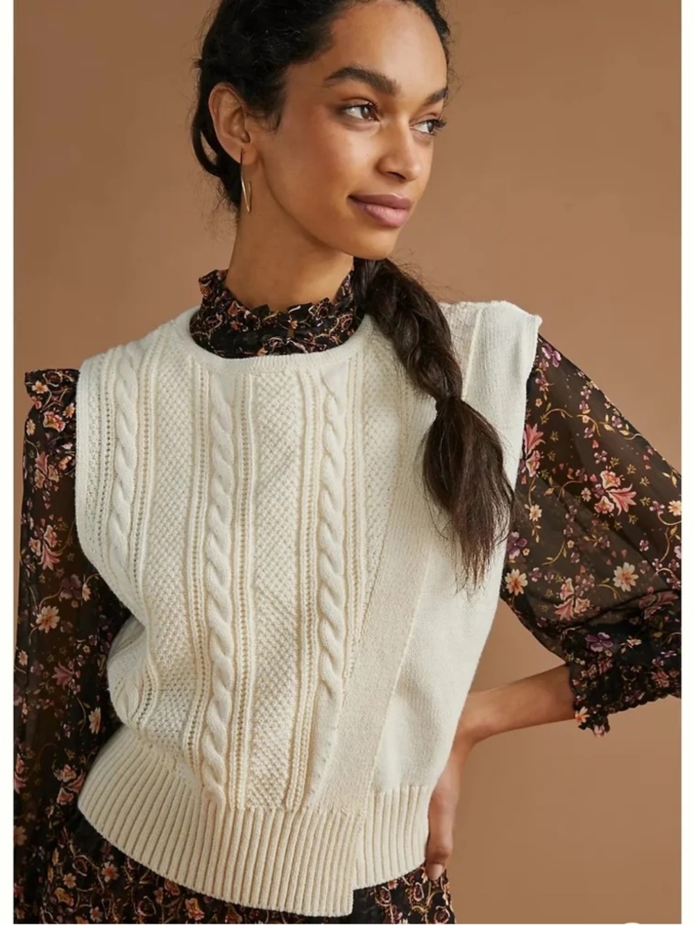 Anthropologie Asymmetrical Split Chunky Cable Knit Vest Top - One Size